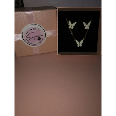 Gold jewellery gift set white butterfly necklace and earri..
