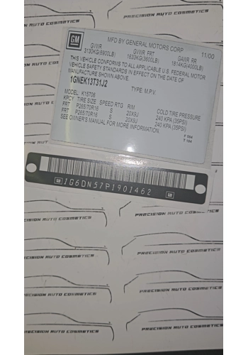 Chevrolet Tahoe Vin Label/Sticker Set