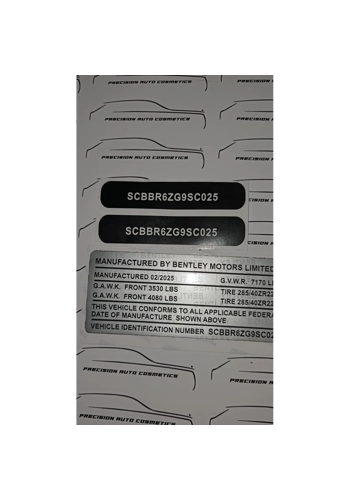 Bentley Vin Label/Sticker Set