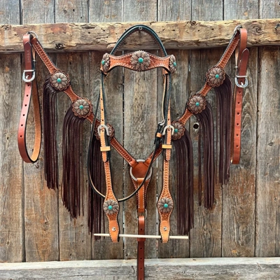 Light Oil Basketweave Copper Flower Browband/One Ear Tack Set