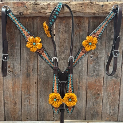 Multi Flower Gardenia & Turquoise One Ear - Breastcollar Tack Set