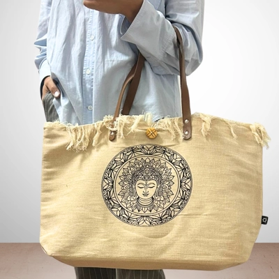 Natural Tote Bag Leather Handle - Buddha Natural Tote Bag Leather Handle - Buddha