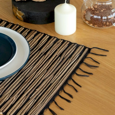 Water Hyacinth Natural Placemat - Black Tiger with Fringe Water Hyacinth Natural Placemat - Black Tiger with Fringe