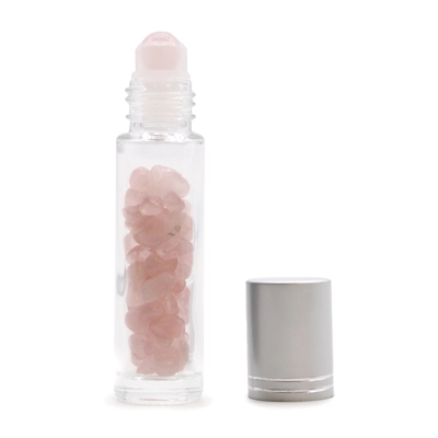 Gemstone Essential Oil Roller Bottle - Rose Quartz - Silver Cap Gemstone Essential Oil Roller Bottle - Rose Quartz - Silver Cap