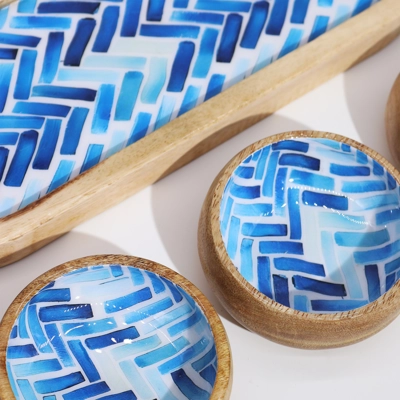 Mango Wood Tray with 3 Bowls - Blue Stripes Mango Wood Tray with 3 Bowls - Blue Stripes