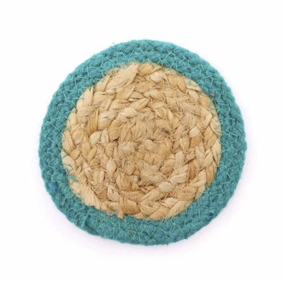 Natural Coaster - Jute & Cotton 10cm (set of 4) - Teal Boarder
