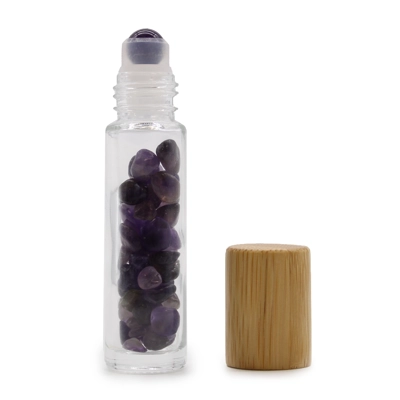 Gemstone Essential Oil Roller Bottle - Amethyst - Wooden Cap Gemstone Essential Oil Roller Bottle - Amethyst - Wooden Cap