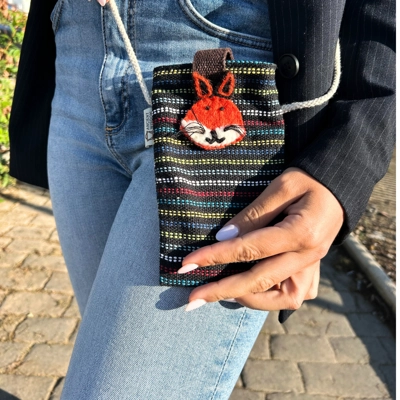 Phone Holder Bag Black and Multi - fox decor Phone Holder Bag Black and Multi - fox decor