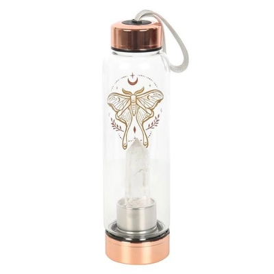 Luna Moth Glass Water Bottle with Clear Quartz Crystal Luna Moth Glass Water Bottle with Clear Quartz Crystal