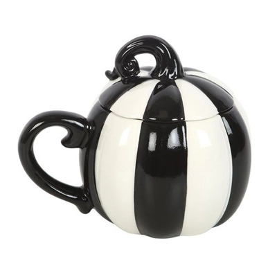 Black and White Striped Pumpkin Lidded Mug Black and White Striped Pumpkin Lidded Mug