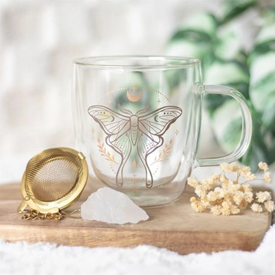 Luna Moth Double Walled Glass Mug with Crystal Tea Infuser Luna Moth Double Walled Glass Mug with Crystal Tea Infuser