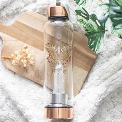 Luna Moth Glass Water Bottle with Clear Quartz Crystal Luna Moth Glass Water Bottle with Clear Quartz Crystal