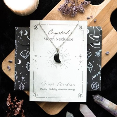Black Obsidian Crystal Moon Necklace on Greeting Card Black Obsidian Crystal Moon Necklace on Greeting Card
