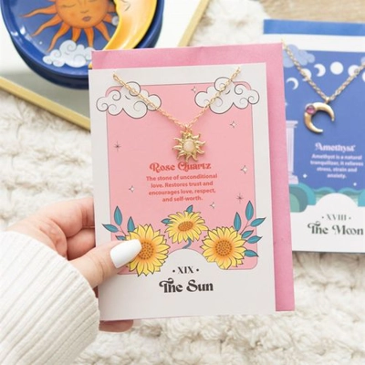 The Sun Celestial Rose Quartz Necklace Card The Sun Celestial Rose Quartz Necklace Card