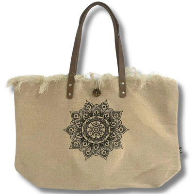 Natural Tote Bag Leather Handle - Flower of Life Natural Tote Bag Leather Handle - Flower of Life
