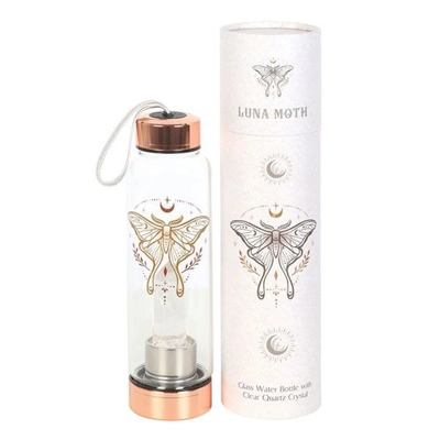 Luna Moth Glass Water Bottle with Clear Quartz Crystal Luna Moth Glass Water Bottle with Clear Quartz Crystal