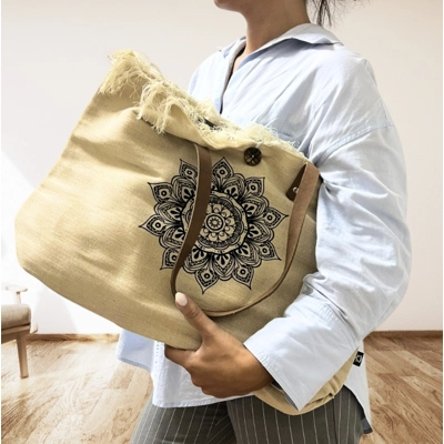 Natural Tote Bag Leather Handle - Flower of Life Natural Tote Bag Leather Handle - Flower of Life