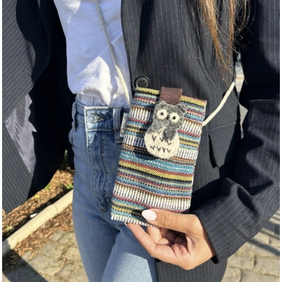 Phone Holder Bag Stripes Multi and White - owl decor Phone Holder Bag Stripes Multi and White - owl decor