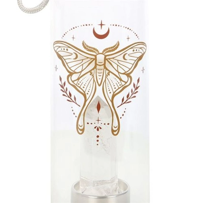 Luna Moth Glass Water Bottle with Clear Quartz Crystal Luna Moth Glass Water Bottle with Clear Quartz Crystal