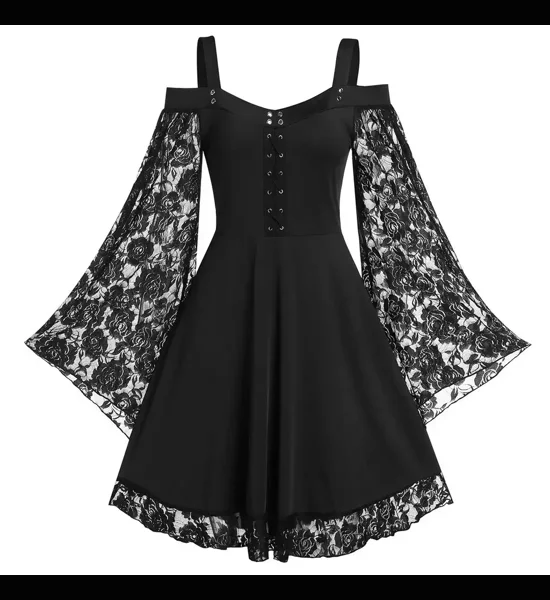 Vintage gothic black lace stitching horn sleeved dress