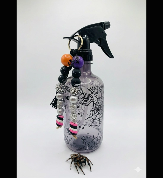 Spider misting bottle with web desgin and beaded charm