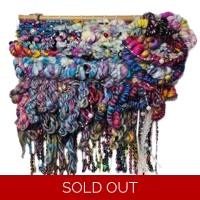 Art Yarn Weaving Wall Hanging Decor Tapestry Colourfull Maximalist Sparkles Ribbons and Beads