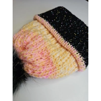 Pompom Ribbed Beanie Orange Yellow Pastel Shiny Black Brim