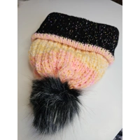 Pompom Ribbed Beanie Orange Yellow Pastel Shiny Black Brim