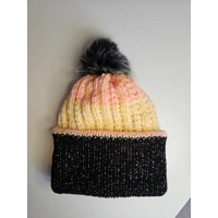 Pompom Ribbed Beanie Orange Yellow Pastel Shiny Black Brim