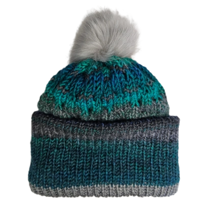 Green Gray Pompom Beanie