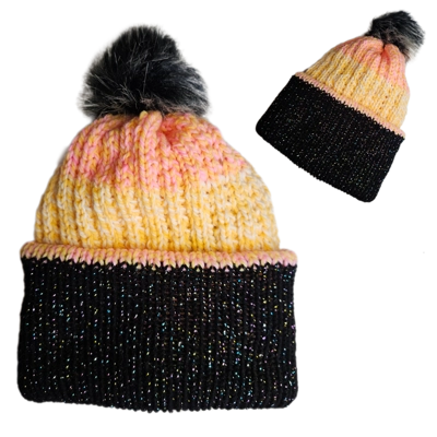 Pompom Ribbed Beanie Orange Yellow Pastel Shiny Black Brim