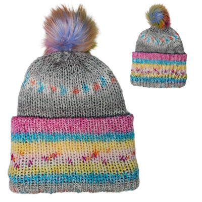 Simple Beanie Gray Pink Yellow Blue with Pompom
