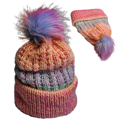 Beanie Pastel Pompom Ribbed Yello Pink Green