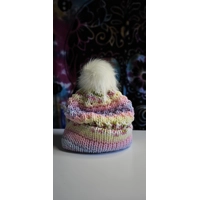 Pompom Beanie Pink Yellow Violet Patterned