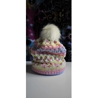 Pompom Beanie Pink Yellow Violet Patterned