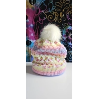 Pompom Beanie Pink Yellow Violet Patterned