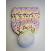 Pompom Beanie Pink Yellow Violet Patterned