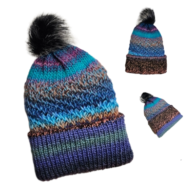 Colorful Bulky Beanie with pompom blue orange