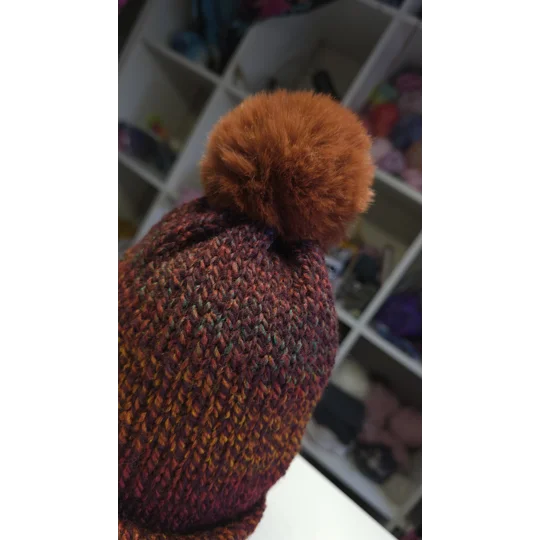 Pompom Beanie - Lightweight - Double Layer - Simple - rusty / gray / glitter