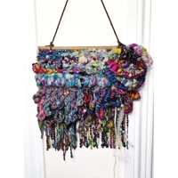Art Yarn Weaving Wall Hanging Decor Tapestry Colourfull Maximalist Sparkles Ribbons and Beads
