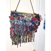 Art Yarn Weaving Wall Hanging Decor Tapestry Colourfull Maximalist Sparkles Ribbons and Beads