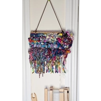 Art Yarn Weaving Wall Hanging Decor Tapestry Colourfull Maximalist Sparkles Ribbons and Beads