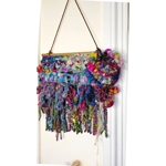 Art Yarn Weaving Wall Hanging Decor Tapestry Colourfull Maximalist Sparkles Ribbons and Beads