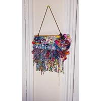 Art Yarn Weaving Wall Hanging Decor Tapestry Colourfull Maximalist Sparkles Ribbons and Beads