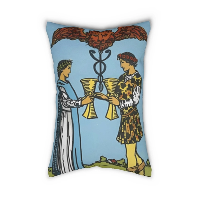 product Image for Two of Cups Tarot Card Pillow Double-Sided Lumbar Cushion for Love, Soulmate Energy & Spiritual Home