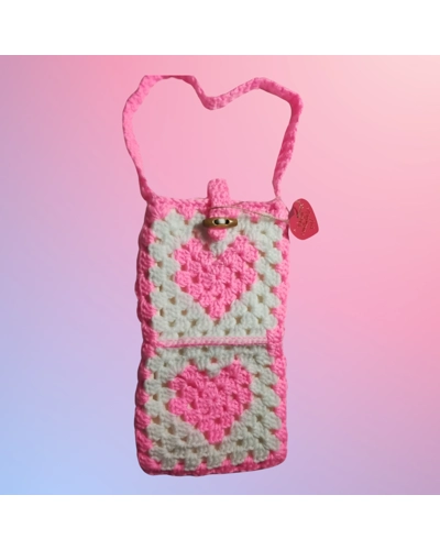 Pink and White Heart Granny Square Messenger Bag