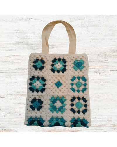 Teal Canvas Lined With Zipper Granny Square Large Purse
