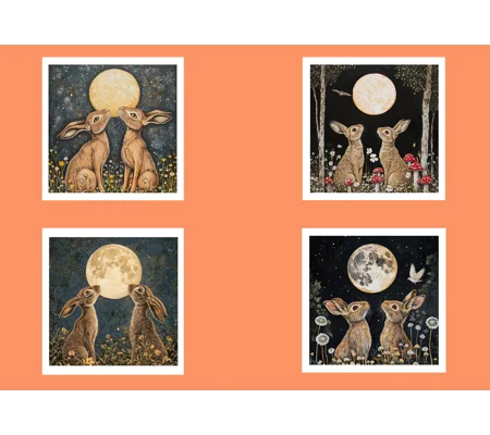 Hares and Moon Printed Greetings Cards - 4 pack