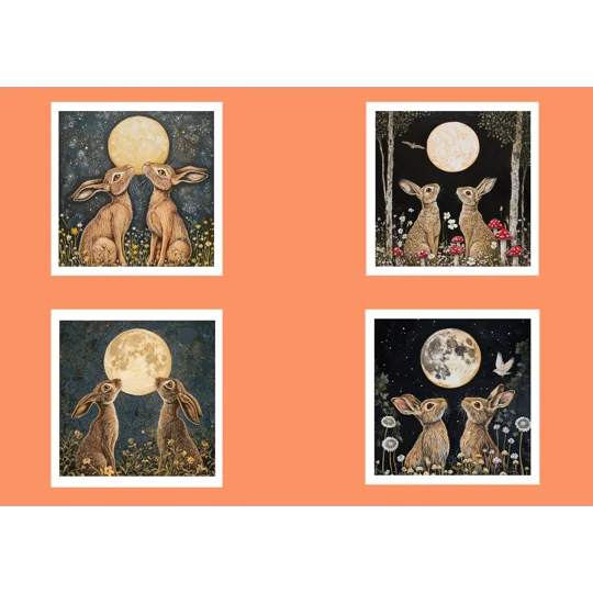 Hares and Moon Printed Greetings Cards - 4 pack