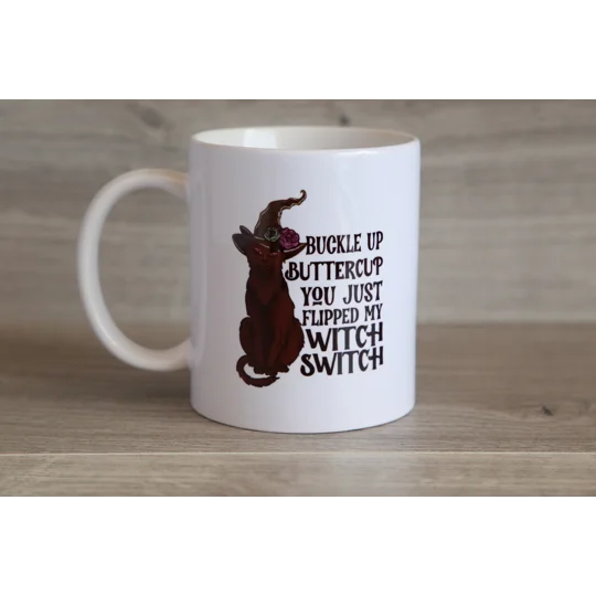Printed Ceramic Mug With Witch's Cat Design and Funny Saying